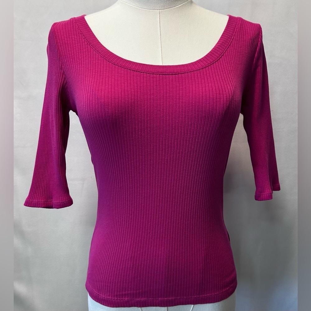Anthropologie Sanctuary Fuchsia Ribbed Knit Fitted 3/4 Sleeve Blouse Size XS
